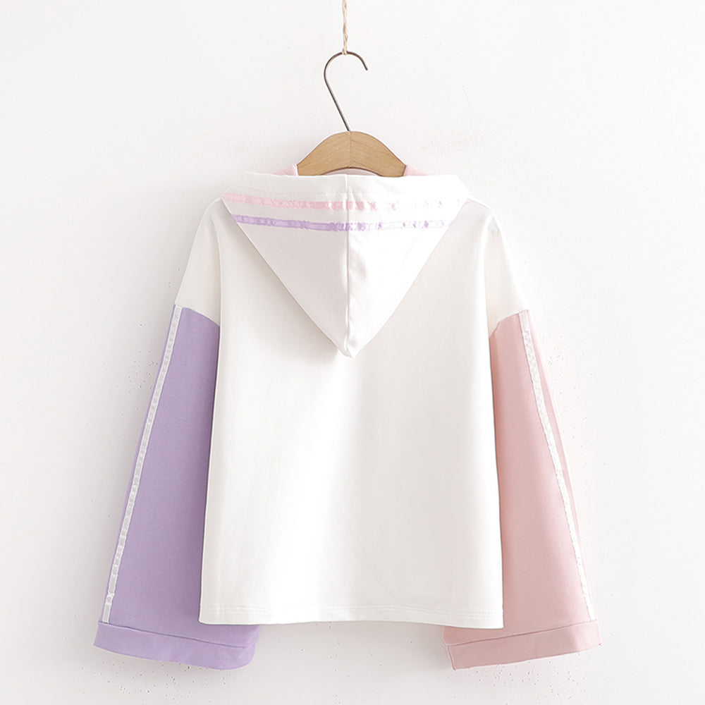 Cute Milk Juice Cartoon Hoodie Women’s Kawaii Color Block Cotton Pullover Sweatshirt Patchwork Sleeve